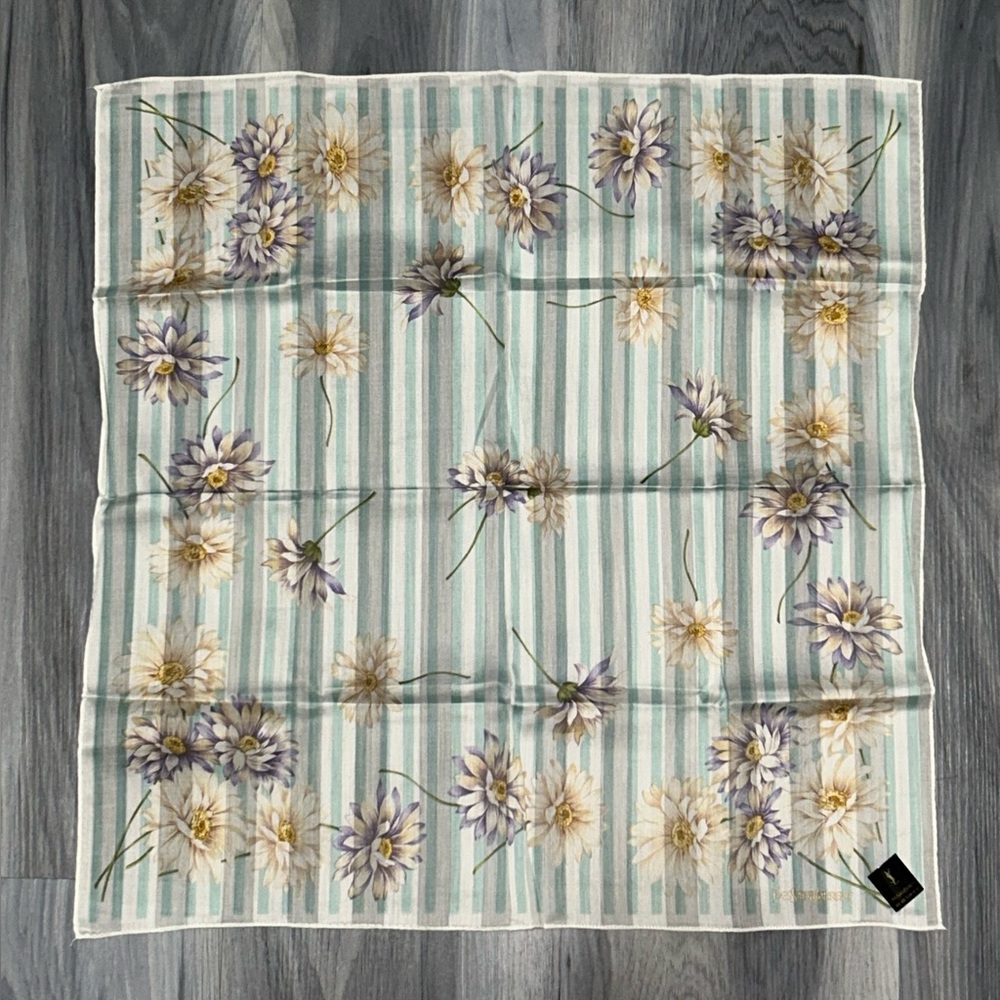 Yves Saint Laurent Vintage Mint & White Striped Floral Cotton Handkerchief Scarf - Picture 2 of 12